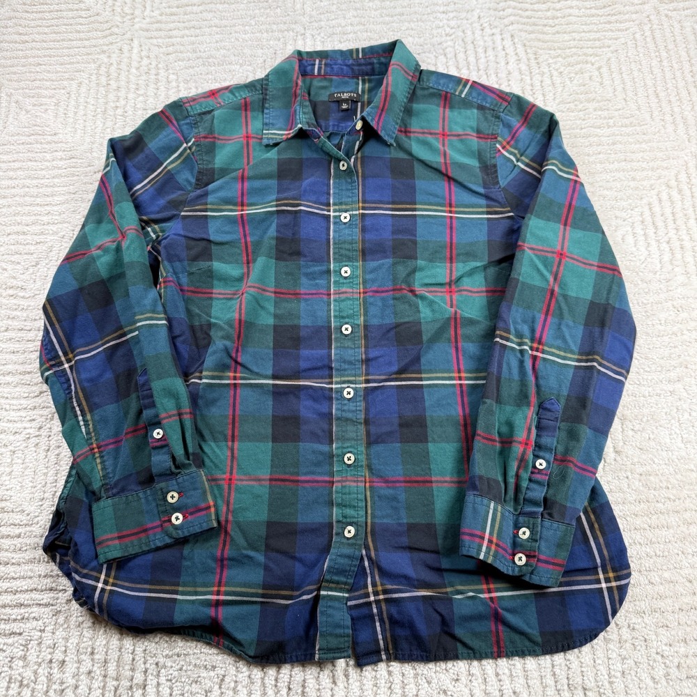 Talbots Plaid Button Shirt Womens LP Petite Green Blue Cotton Classic Academia